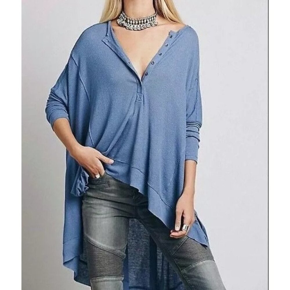 NWT Free People Blue Oversized Long Sleeve Waffle Knit Henley Top - Picture 3 of 14